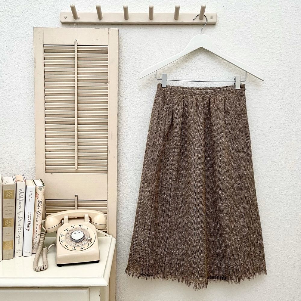 Vintage Natural Weave Tan Fabric A-Line Skirt, Light Burlap like, XS